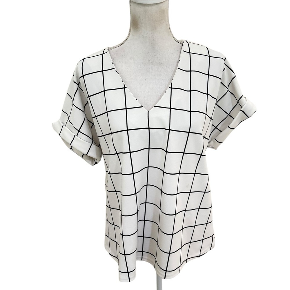 MELLODAY White with Black checks v neck short cuffed sleeves blouse top medium